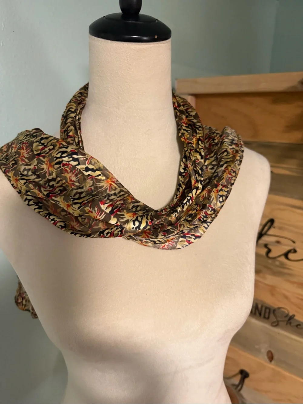 J. Garcia,  Multicolor Floral Silk Scarf with Red, Gold and Black Accents